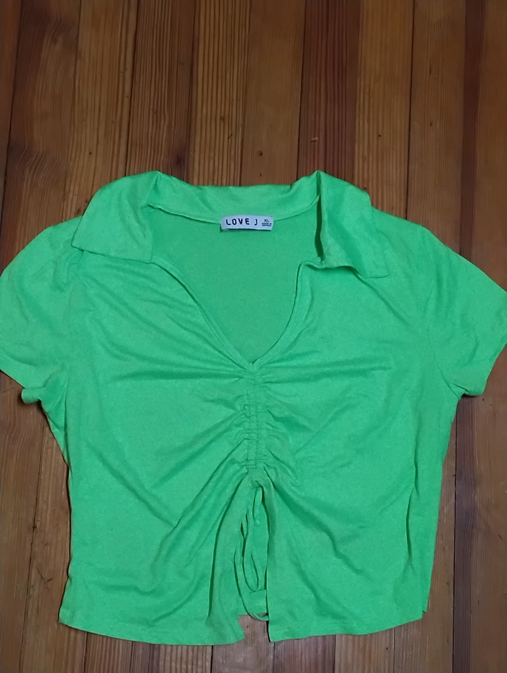 LOVE J Neon Green Ruched Short-Sleeve Crop Top